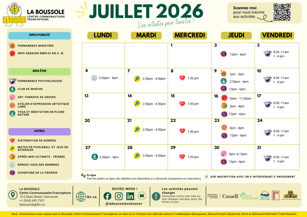 July 2026 activity calendar for La Boussole showing days of week, dates and time slots with activity icons and descriptions.