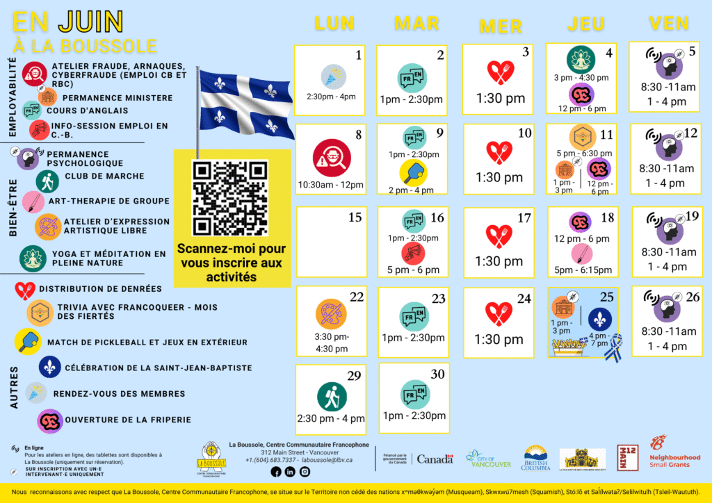 Calendrier hebdomadaire des activités à La Boussole, avec jours LUN–VEN et heures. QR code et drapeau visibles à gauche pour contexte.