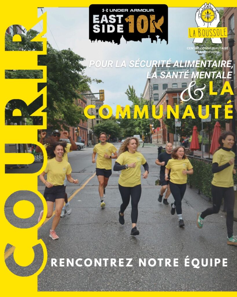 Under Armour Eastside 10km - La Boussole - La Boussole Group of runners in yellow shirts jogging down a city street, posters and bold yellow graphics for a community 10K event.