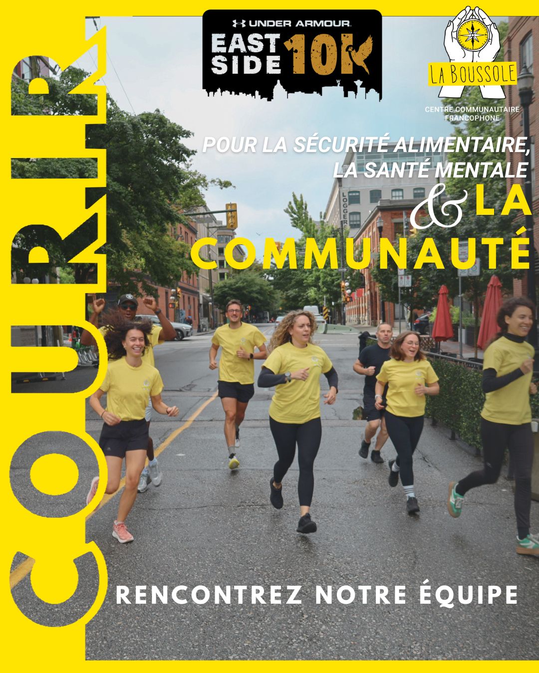 Group of runners in yellow shirts jogging down a city street, posters and bold yellow graphics for a community 10K event.