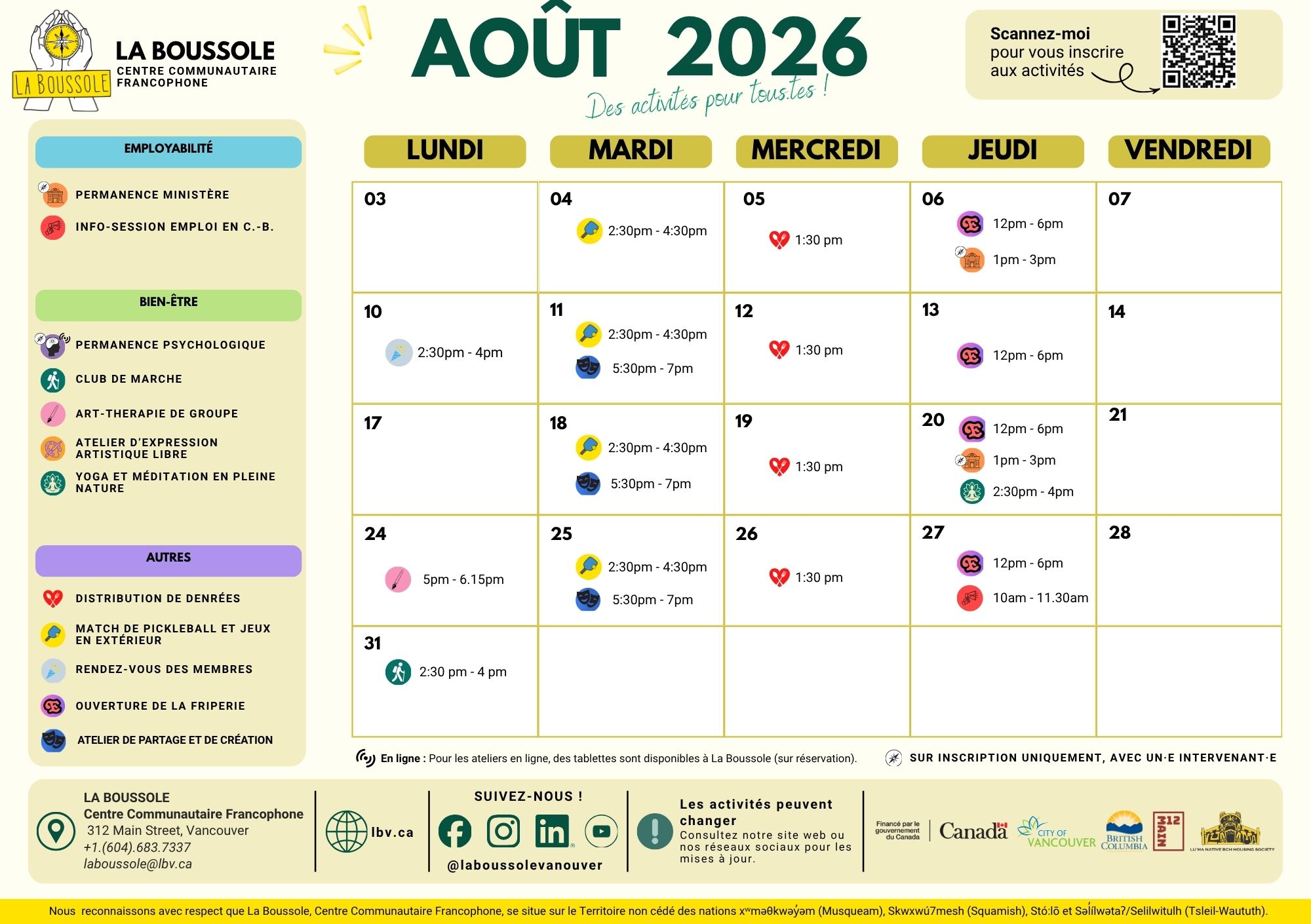 August 2026 activities calendar for La Boussole community center, showing daily events with icons and times in a grid.
